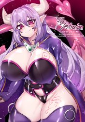 Rule 34 | 1girl, alma elma, bat wings, breast tattoo, breasts, bridal gauntlets, cape, cleavage, curvy, demon girl, demon horns, demon tail, demon wings, highres, horns, huge breasts, long hair, looking at viewer, mon-musu quest!, monster girl, osiimi, pink eyes, pointy ears, purple hair, revealing clothes, smile, solo, tail, tattoo, thick thighs, thighs, thong, very long hair, wide hips, wings