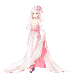 Rule 34 | 1girl, absurdres, ahoge, black footwear, breasts, dress, fingerless gloves, flower, full body, gloves, hair flower, hair ornament, hand on own chest, high heels, highres, holding, holding clothes, holding dress, long dress, long hair, looking at viewer, medium breasts, munseonghwa, original, pink flower, pink ribbon, ribbon, simple background, sleeveless, smile, solo, standing, white background, white dress, white gloves, white hair, yellow eyes