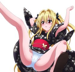 Rule 34 | 00s, 1girl, ass, blonde hair, blush, bow, cameltoe, highres, japanese clothes, konjiki no yami, long hair, panties, pantyshot, red eyes, solo, spread legs, to love-ru, transparent background, twintails, two side up, underwear, white panties
