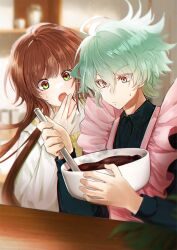 Rule 34 | 1boy, 1girl, apron, bowl, brown hair, chinese commentary, chocolate, collar x malice, commentary request, frilled apron, frills, frown, green eyes, green hair, hand to own mouth, holding, holding bowl, hoshino ichika (collar x malice), long hair, nako (unclebanana), open mouth, pink apron, red eyes, sasazuka takeru, sweatdrop