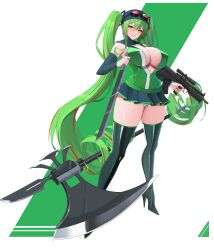 Rule 34 | 1girl, absurdly long hair, absurdres, boots, breasts, cameltoe, center opening, cleavage, cleft of venus, covered erect nipples, dual wielding, green eyes, green footwear, green hair, green panties, gun, hair between eyes, halberd, hank miku, high heel boots, high heels, highres, holding, holding gun, holding sword, holding weapon, huge breasts, long hair, looking at viewer, madness combat, microskirt, multicolored hair, panties, polearm, red hair, simple background, skirt, sleeveless, solo, streaked hair, striped clothes, striped panties, sword, thigh boots, thighhighs, twintails, two-tone hair, two-tone panties, ultra-13, underwear, very long hair, weapon, white background, white panties, zettai ryouiki