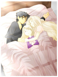 Rule 34 | 2girls, bed, bed sheet, black hair, closed eyes, emiya kiritsugu, facial hair, family, fate/zero, fate (series), father and daughter, holding hands, husband and wife, illyasviel von einzbern, irisviel von einzbern, long sleeves, lying, md5 mismatch, mother and daughter, multiple girls, on bed, resolution mismatch, shared blanket, silver hair, sleeping, smile, source larger, stubble, under covers, urako