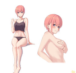 Rule 34 | 1girl, absurdres, arm support, black camisole, black panties, blush, breasts, camisole, collarbone, commentary request, covering privates, covering breasts, earrings, from side, full body, go-toubun no hanayome, hand up, highres, invisible chair, jewelry, large breasts, looking at viewer, looking to the side, multiple views, nakano ichika, navel, panties, pink hair, purple eyes, ricky (haye4843), ring, short hair, sideboob, signature, simple background, sitting, smile, stomach, topless, underboob, underwear, underwear only, upper body, white background