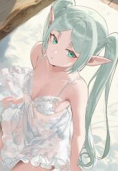 Rule 34 | 1girl, absurdres, babydoll, breasts, collarbone, elf, frieren, green eyes, grey hair, highres, lingerie, long hair, looking at viewer, pointy ears, salmon88, sitting, small breasts, solo, sousou no frieren, twintails, underwear, very long hair, white babydoll