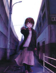 Rule 34 | 1990s (style), 1girl, abe yoshitoshi, asymmetrical hair, brown hair, bus, coat, hair ornament, hairclip, iwakura lain, motor vehicle, official art, outstretched arm, outstretched hand, reaching, retro artstyle, serial experiments lain, short hair, solo, vehicle