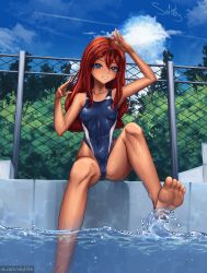 Rule 34 | 1girl, absurdres, blue eyes, blue one-piece swimsuit, blue sky, breasts, brown hair, chain-link fence, cloud, commentary, covered navel, dark-skinned female, dark skin, day, english commentary, everlasting summer, fence, grin, hair between eyes, highleg, highleg swimsuit, highres, long hair, looking at viewer, one-piece swimsuit, original, outdoors, poolside, sainty, sky, small breasts, smile, soles, solo, splashing, swimsuit, ulyana (everlasting summer), water, watermark, web address