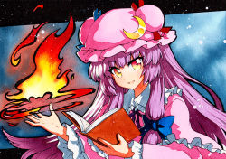 Rule 34 | 1girl, black border, blue background, blue bow, book, border, bow, crescent, crescent hat ornament, dress, fire, hand up, hat, hat ornament, hime cut, light, long hair, looking at viewer, multicolored eyes, open book, open mouth, orange eyes, patchouli knowledge, pink dress, pink hat, purple hair, qqqrinkappp, red bow, smile, solo, touhou, traditional media, yellow eyes