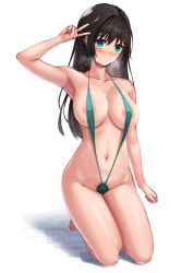 Rule 34 | 1girl, absurdres, areola slip, arm at side, arm up, armpits, black hair, blush, breasts, closed mouth, collarbone, dosukebe kojiki maru, female pubic hair, full body, green eyes, green one-piece swimsuit, highres, kneeling, large breasts, long hair, looking at viewer, navel, nose blush, one-piece swimsuit, original, pubic hair, pubic hair peek, simple background, slingshot swimsuit, solo, steaming body, stomach, swimsuit, v, white background