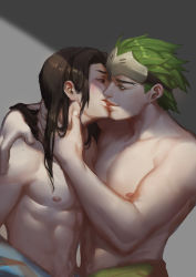 Rule 34 | 2boys, blush, brothers, family, genji (overwatch), hanzo (overwatch), highres, incest, kiss, licking, male focus, midomido, multiple boys, muscular, nipples, overwatch, overwatch 1, pectorals, siblings, smile, tattoo, tongue, yaoi