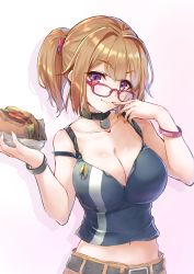 Rule 34 | 1girl, alternate hairstyle, belt, bespectacled, bracelet, breasts, brown hair, burger, choker, cleavage, cowboy shot, finger to mouth, food, girls&#039; frontline, glasses, grizzly mkv (girls&#039; frontline), grizzly mkv (weekend cop) (girls&#039; frontline), highres, jewelry, large breasts, midriff, navel, official alternate costume, peace symbol, potato tacos, purple eyes, short ponytail, shorts, solo, tank top