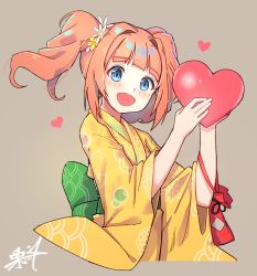 Rule 34 | 1girl, :d, blue eyes, blush, brown background, brown hair, commentary request, flower, hair flower, hair ornament, hands up, heart, holding, holding heart, idolmaster, idolmaster (classic), japanese clothes, kimono, kuri choko, long hair, long sleeves, open mouth, print kimono, sidelocks, signature, simple background, smile, solo, takatsuki yayoi, twintails, white flower, wide sleeves, yellow flower, yellow kimono