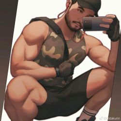 Rule 34 | 1boy, bara, bare arms, bare shoulders, baseball cap, beard, between pectorals, black shorts, brown hair, camouflage, camouflage shirt, facial hair, feet out of frame, green tank top, hat, highres, holding, holding phone, kotakun, large pectorals, male focus, mature male, muscular, muscular male, mustache, original, pectorals, phone, selfie, shirt, short hair, shorts, solo, squatting, tank top, thick eyebrows, thighs