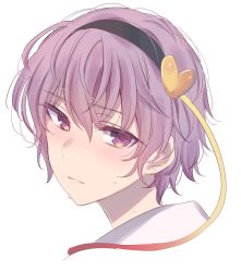 Rule 34 | 1girl, asa (coco), black hairband, blush, commentary request, hair between eyes, hair ornament, hairband, head tilt, heart, heart hair ornament, komeiji satori, looking at viewer, nose blush, portrait, purple eyes, purple hair, short hair, simple background, solo, sweat, touhou, white background