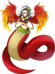 Rule 34 | 1girl, artist request, bare shoulders, belt, blue eyes, breasts, earrings, feather hair ornament, feathers, full body, gradient wings, green feathers, green skirt, grey hair, hair ornament, hair pulled back, hairband, harpy, jewelry, lamia, large breasts, midriff, monster girl, monster musume no iru nichijou, monster musume no iru nichijou online, multicolored wings, navel, official art, qukul (monster musume), red feathers, red wings, skirt, solo, transparent background, underboob, winged arms, wings, yellow feathers, yellow wings