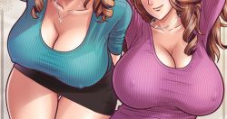 Rule 34 | 2girls, breasts, brown hair, bursting breasts, cleavage, close-up, covered erect nipples, drill hair, drill sidelocks, huge breasts, jewelry, makeup, mishima yumi, multiple girls, necklace, ootake nami, original, out of frame, siblings, sidelocks, sisters, sparkle, tatsunami youtoku, twin milf, twins