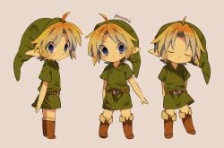 Rule 34 | 1boy, ahoge, artist name, brown footwear, closed mouth, full body, green shirt, hat, link, looking at viewer, multiple views, nintendo, pointy ears, shirt, short hair, short sleeves, simple background, the legend of zelda, the legend of zelda: ocarina of time, tokuura, tunic, young link