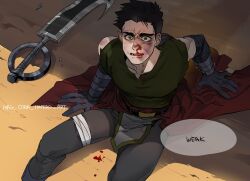 Rule 34 | 1boy, artist name, axe, bandages, black hair, blood, blood on clothes, blood on face, blood on ground, bruise, bruise on face, draven, ear piercing, earrings, elbow gloves, feet out of frame, gauntlets, gloves, green eyes, highres, injury, jewelry, league of legends, loincloth, mag cora imparo, male focus, nosebleed, on ground, pants, piercing, shaking, shirt, short hair, signature, skirt, sleeveless, solo, speech bubble, spiked hair, tears, weapon