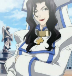 Rule 34 | 00s, 1girl, black eyes, black hair, bor noelle, breasts, cloud, cross, cross necklace, female focus, gloves, jewelry, large breasts, lipstick, long hair, looking at viewer, makeup, necklace, outdoors, sky, smile, solo, standing, statue, trinity blood
