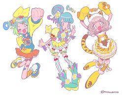 Rule 34 | 3girls, :d, :o, animal ear hairband, animal ears, animal hands, animal print, arm up, arms up, asymmetrical footwear, bandaid, bandaid on leg, blue eyes, blue footwear, blue hair, blue hoodie, blush, boots, bow, brown eyes, brown hair, cat ear hairband, cat ears, cat tail, clenched hand, dress, fake animal ears, fang, frilled dress, frills, full body, gloves, green eyes, green hair, hair bow, hair bun, hair ornament, hairband, hand on own hip, hand up, hood, hoodie, idol time pripara, jumping, long sleeves, looking at viewer, mikannu, mismatched footwear, mole, mole under mouth, multicolored hair, multiple girls, nijiiro nino, one eye closed, open mouth, orange ribbon, orange skirt, outstretched arm, paw gloves, pink hair, pinon (pripara), pretty series, pripara, ribbon, short hair, sidelocks, simple background, single side bun, skirt, smile, standing, star (symbol), star hair ornament, streaked hair, striped clothes, striped thighhighs, swept bangs, tail, taiyo pepper, thighhighs, w, white background, yellow bow, yellow dress, yellow footwear