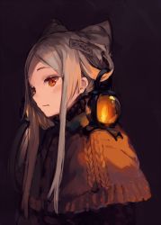 Rule 34 | 1girl, black background, blush, brown capelet, brown eyes, capelet, closed mouth, commentary request, from side, grey hair, hair rings, lantern, long hair, looking at viewer, looking to the side, makihitsuji, original, parted bangs, sidelocks, simple background, solo, very long hair