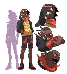 Rule 34 | 1boy, absurdres, black footwear, black hoodie, blood, clenched hand, closed mouth, commentary, creatures (company), dark-skinned male, dark skin, full body, game freak, hands in pockets, highres, hood, hood up, hoodie, knees, leon (pokemon), looking at viewer, male focus, multiple views, nintendo, open mouth, pokemon, pokemon swsh, raihan (pokemon), redlhzz, shoes, short hair, shorts, sneakers, teeth, tongue, white background