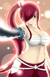Rule 34 | absurdres, aura, bare shoulders, breasts, brown eyes, cleavage, dmayaichi, erza scarlet, fairy tail, hair over one eye, highres, holding, holding sword, holding weapon, japanese clothes, large breasts, long hair, ponytail, red hair, revealing clothes, sword, weapon