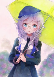 Rule 34 | 1girl, beret, black jacket, blue eyes, blue hat, braid, collared shirt, commentary request, girls&#039; frontline, glasses, green umbrella, hair ornament, hair over shoulder, hairclip, hat, highres, holding, holding umbrella, jacket, kodama (koda mat), long hair, looking at viewer, necktie, parted lips, pleated skirt, shirt, sier (girls&#039; frontline), skirt, solo, twin braids, umbrella, upper body, white hair, white shirt