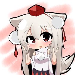 Rule 34 | 1girl, alternate hair length, alternate hairstyle, animal ears, bare shoulders, blush, detached sleeves, hat, inubashiri momiji, long hair, open mouth, red eyes, skirt, smile, solo, tail, tokin hat, touhou, twumi, white hair, wolf ears, wolf tail