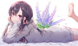 Rule 34 | 1girl, barefoot, black hair, blush, braid, closed mouth, clothes writing, drawstring, foot up, from side, grey hoodie, hair between eyes, hands on own cheeks, hands on own face, highres, hood, hood down, hoodie, ichinose uruha, long hair, long sleeves, looking at viewer, looking to the side, lupinus virtual games, lying, no pants, on stomach, purple eyes, side braid, simple background, sleeves past wrists, smile, solo, toki (toki ship8), virtual youtuber, vspo!, white background