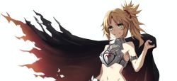 Rule 34 | 1girl, armor, bare shoulders, blonde hair, breastplate, cape, commentary, english commentary, fate/grand order, fate (series), green eyes, grin, hair ornament, hair scrunchie, hand up, highres, looking at viewer, mordred (fate), mordred (fate/apocrypha), navel, ponytail, scrunchie, simple background, smile, solo, tonee, torn cape, torn clothes, upper body, white background