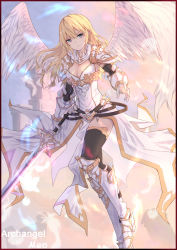 Rule 34 | 1girl, aa-aster, angel wings, armor, armored boots, artist name, black thighhighs, blonde hair, boots, breasts, cleavage, closed mouth, feathered wings, floating hair, full body, gloves, grey eyes, hair between eyes, highres, holding, holding sword, holding weapon, knee boots, long hair, looking at viewer, medium breasts, original, pauldrons, pointy ears, shoulder armor, skirt, solo, sword, thighhighs, weapon, white footwear, white gloves, white skirt, white wings, wings