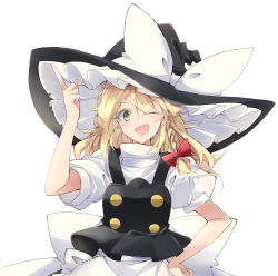 Rule 34 | 1girl, absurdres, apron, arm up, black hat, black skirt, black vest, blonde hair, bow, braid, buttons, frills, hair between eyes, hair bow, hand up, hat, hat bow, highres, ichimura kanata, kirisame marisa, looking at viewer, medium hair, one eye closed, open mouth, puffy short sleeves, puffy sleeves, red bow, shirt, short sleeves, simple background, single braid, skirt, smile, solo, touhou, vest, white apron, white background, white bow, white shirt, witch hat, yellow eyes