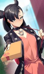 Rule 34 | 1girl, asymmetrical bangs, backpack, bag, black choker, black hair, black jacket, black nails, blurry, blurry background, blush, breasts, choker, cleavage, closed mouth, collarbone, commentary request, creatures (company), day, dress, eyelashes, game freak, gift, green eyes, hair ribbon, highres, holding, holding gift, holding strap, incoming gift, jacket, long sleeves, looking at viewer, marnie (pokemon), nail polish, nintendo, open clothes, open jacket, outdoors, pink dress, pokemon, pokemon swsh, red bag, red ribbon, ribbon, solo, valentine, yuuyuu (yuuki1771)