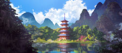 Rule 34 | architecture, artist name, bird, blue sky, building, cloud, commentary, day, east asian architecture, fog, forest, highres, lake, landscape, mountain, nature, no humans, outdoors, pagoda, reflection, scenery, shore, sky, sylvain sarrailh, tohad, water, watermark, web address