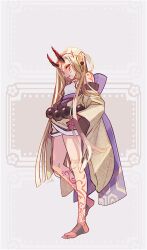 Rule 34 | 1girl, bare legs, bare shoulders, barefoot, blonde hair, body markings, earrings, facial mark, fate/grand order, fate (series), forehead mark, full body, horns, ibaraki douji (fate), isagiyo, japanese clothes, jewelry, kimono, long hair, looking at viewer, off shoulder, oni, oni horns, pointy ears, pout, solo, very long hair, yellow eyes, yellow kimono