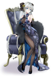 Rule 34 | 1girl, akatsuki hijiri, alternate costume, bare shoulders, black bow, black footwear, blue dress, blue eyes, bow, braid, breasts, bridal gauntlets, brown pantyhose, detached sleeves, dress, fate/grand order, fate (series), feather boa, floral print, french braid, full body, grey hair, hair bow, hair ornament, high heels, highres, large breasts, long hair, looking at viewer, morgan le fay (fate), pantyhose, ponytail, sidelocks, solo, very long hair, white background