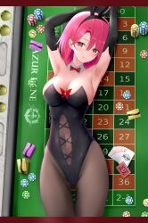Rule 34 | 1girl, absurdres, ai-assisted, animal ears, armpits, azur lane, black gloves, black leotard, black prince (addled attendant?) (azur lane), black prince (azur lane), blush, bow, bowtie, breasts, bug, butterfly, cameltoe, card, casino, cleavage, commission, covered navel, detached collar, elbow gloves, gloves, hair between eyes, hair ornament, highres, insect, large breasts, leotard, looking at viewer, lying, on back, outstretched arms, pantyhose, pink eyes, pink hair, pixiv commission, playboy bunny, playing card, poker chip, rabbit ears, revision, roulette table, smile, solo, strapless, strapless leotard, table, thighs, tina (tinafya)