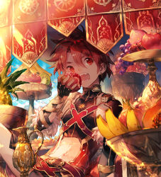 Rule 34 | 1boy, alexander (fate), apple, arm guards, arm support, asymmetrical bangs, banana, basket, belt, black gloves, bouquet, clothing cutout, collarbone, commentary request, day, earrings, eating, fate/grand order, fate (series), fingerless gloves, flower, food, fruit, fur trim, gloves, grapes, hair between eyes, holding, holding food, jewelry, kiwi (fruit), knee up, leaning back, looking away, looking to the side, male focus, messy hair, navel, navel cutout, open mouth, outdoors, peach, pineapple, pomegranate, red eyes, red flower, red hair, scorpion5050, sitting, solo, sunlight, teeth