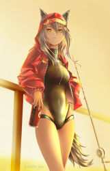 Rule 34 | 1girl, against railing, animal ear fluff, arknights, artist name, backlighting, bad id, bad twitter id, black one-piece swimsuit, breasts, can, casual one-piece swimsuit, closed mouth, drink can, evening, feet out of frame, fishing rod, groin, hair between eyes, holding, holding can, hood, hood up, hooded jacket, jacket, long hair, long sleeves, looking at viewer, medium breasts, official alternate costume, one-piece swimsuit, open clothes, open jacket, orange eyes, outdoors, projekt red (arknights), projekt red (light breeze) (arknights), railing, red jacket, silver hair, sky, smile, soda can, solo, standing, sunset, swimsuit, swimsuit under clothes, tail, thighs, twitter username, unzipped, wolf girl, wolf tail, yellow sky, yokaze (yokajie)