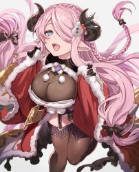 Rule 34 | 1girl, alternate costume, blue eyes, braid, breasts, cleavage, draph, feb itk, fur trim, garter straps, gloves, granblue fantasy, hair over one eye, heart, highres, horns, large breasts, long hair, narmaya (granblue fantasy), narmaya (holiday) (granblue fantasy), open mouth, pink hair, pink pupils, pointy ears, pom pom (clothes), smile, snowman hair ornament, solo, thighhighs, turtleneck, very long hair