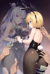 Rule 34 | 10s, 2girls, animal ears, ass, ass grab, back, backless leotard, backless outfit, bare shoulders, blonde hair, blue eyes, blush, breasts, collaboration, detached collar, fake animal ears, frolaytia capistrano, grabbing another&#039;s ass, groping, hair bun, hair ornament, hairband, haneru, heart, heart-shaped pupils, heavy object, holding hands, large breasts, leotard, light purple hair, long hair, looking at viewer, looking back, milinda brantini, money, multiple girls, mvv, nail polish, pantyhose, playboy bunny, prostitution, purple eyes, rabbit ears, rabbit tail, religious offering, short hair, single hair bun, small breasts, solo focus, symbol-shaped pupils, tail, thigh strap, torn clothes, torn legwear, tucked money, wrist cuffs