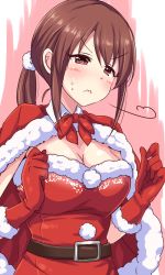 Rule 34 | 1girl, puff of air, belt, black belt, blush, breasts, capelet, cleavage, closed mouth, commentary, dress, frown, fur-trimmed capelet, fur trim, gloves, hair ornament, hair scrunchie, half-closed eyes, highres, idolmaster, idolmaster cinderella girls, large breasts, long hair, mifune miyu, natsu (anta tte hitoha), neck ribbon, ponytail, red capelet, red dress, red gloves, red ribbon, ribbon, santa costume, santa dress, santa gloves, scrunchie, sidelocks, solo, strapless, strapless dress, sweatdrop, upper body, v-shaped eyebrows, white scrunchie, wing collar