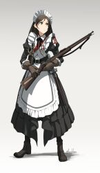 Rule 34 | 1girl, apron, asterisk kome, black hair, boots, gloves, green eyes, gun, highres, holding, holding gun, holding weapon, holstered, long hair, maid, maid apron, martini-henry, medal, original, rifle, solo, sword, twitter username, weapon, white background