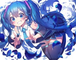 Rule 34 | 1girl, bare shoulders, blue eyes, blue hair, blue nails, blue necktie, blue theme, blue thighhighs, blush, breasts, commentary, detached sleeves, full body, hatsune miku, long hair, looking at viewer, medium breasts, nail polish, necktie, petals, ryota (ry o ta), skindentation, smile, solo, tattoo, thighhighs, twintails, very long hair, vocaloid, white background, wide sleeves