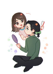 Rule 34 | 1boy, 1girl, alternate hairstyle, animification, avengers: endgame, avengers (series), black footwear, black hair, black pants, blue flower, blush, bow, brown eyes, brown hair, child, commentary, english commentary, flower, green bow, green eyes, green flower, green sweater, hair bow, hair brush, hair flower, hair ornament, hand mirror, hand up, holding, holding hair brush, holding mirror, loki (marvel), long sleeves, looking at another, looking at mirror, marvel, marvel cinematic universe, mirror, morgan stark, murdermuffinloki, no mouth, open mouth, orange flower, pants, pink flower, pink shirt, ponytail, purple flower, shirt, shoes, short hair, short ponytail, short sleeves, simple background, sitting, smile, standing, sweater, t-shirt, turtleneck, turtleneck sweater, white background, yellow flower