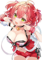 Rule 34 | 1girl, :d, ahoge, bell, black choker, blush, breasts, choker, cleavage, cowboy shot, crossed bangs, detached sleeves, fingers to cheeks, flower, green eyes, hair flower, hair ornament, hair ribbon, highres, hololive, jingle bell, large breasts, leaning forward, looking at viewer, midriff, motsunuki, navel, neck bell, open mouth, red hair, red shirt, red shorts, ribbon, sakura miko, sakura miko (work), shirt, short shorts, short sleeves, shorts, simple background, smile, solo, two side up, virtual youtuber, white background, wrist cuffs