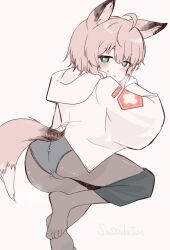 Rule 34 | 1girl, :i, ahoge, animal ear fluff, animal ears, arknights, artist request, ass, black pantyhose, blue eyes, blush, clothes pull, coat, cross, feet, foot out of frame, fox ears, fox girl, fox tail, from behind, grey hair, jacket, looking at viewer, looking back, medic, no shoes, panties, panties under pantyhose, pantyhose, red cross, skirt, skirt pull, solo, sussurro (arknights), tail, toes, underwear, undressing, white background, white coat, white jacket