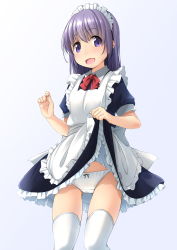 Rule 34 | 1girl, :d, apron, blush, bow, bow panties, bowtie, cameltoe, clothes lift, crotch seam, dress, dress lift, fang, frilled apron, frilled dress, frills, gluteal fold, highres, lifting own clothes, looking at viewer, maid, maid headdress, open mouth, original, panties, puffy short sleeves, puffy sleeves, purple eyes, purple hair, shibacha, short dress, short sleeves, sidelocks, simple background, smile, solo, thighhighs, underwear