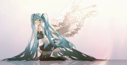 Rule 34 | 1girl, absurdres, bare shoulders, black footwear, black skirt, black sleeves, blue eyes, blue hair, boots, commentary request, detached sleeves, electric guitar, from side, guitar, hair between eyes, hand up, hatsune miku, headset, highres, instrument, kiduki, kneeling, long hair, long sleeves, looking at viewer, looking to the side, miku day, notepad, pleated skirt, reflection, shirt, skirt, sleeveless, sleeveless shirt, solo, thigh boots, twintails, very long hair, vocaloid, white shirt, wide sleeves