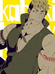 Rule 34 | 1boy, bara, bare shoulders, black hair, blonde hair, character name, character request, collar, crow (siranui), unworn eyewear, highres, large pectorals, male focus, multicolored hair, open clothes, pectorals, raised eyebrow, red eyes, scar, simple background, sleeveless, solo, tattoo, onogami tetsuya, tokyo houkago summoners, upper body